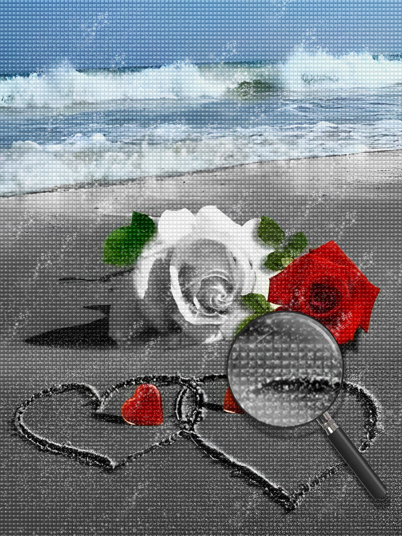 Rote und weiße Rosen am Strand Diamond Painting