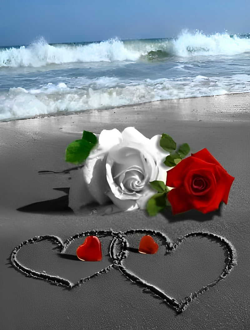 Rote und weiße Rosen am Strand Diamond Painting