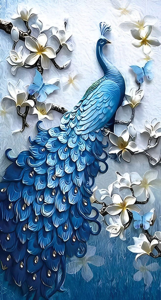 Blauer Pfau auf Magnolienbaum Diamond Painting