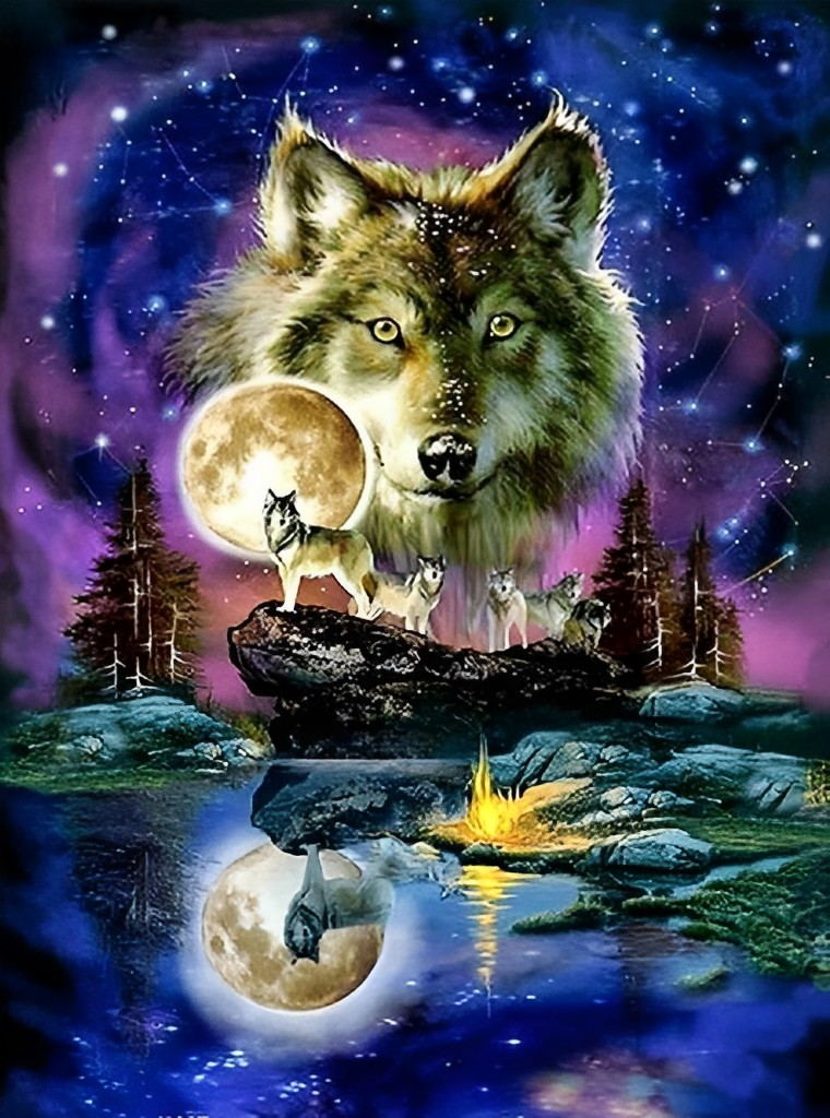Wolf Mond Spiegelbild Diamond Painting –