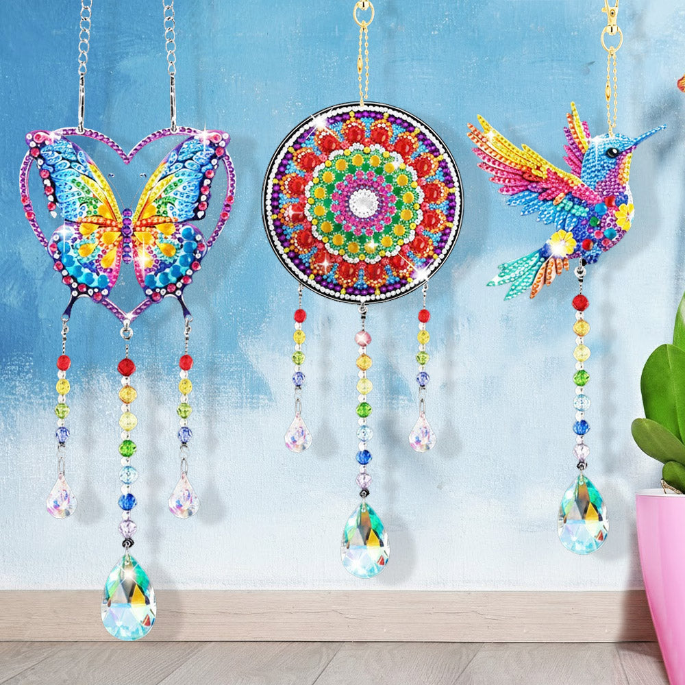 3 Stück Beidseitig Diamond Painting Sonnenfänger Kristalle Hängedekoration - Herz-Schmetterling, Mandala und Kolibri