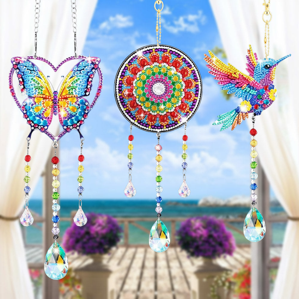 3 Stück Beidseitig Diamond Painting Sonnenfänger Kristalle Hängedekoration - Herz-Schmetterling, Mandala und Kolibri