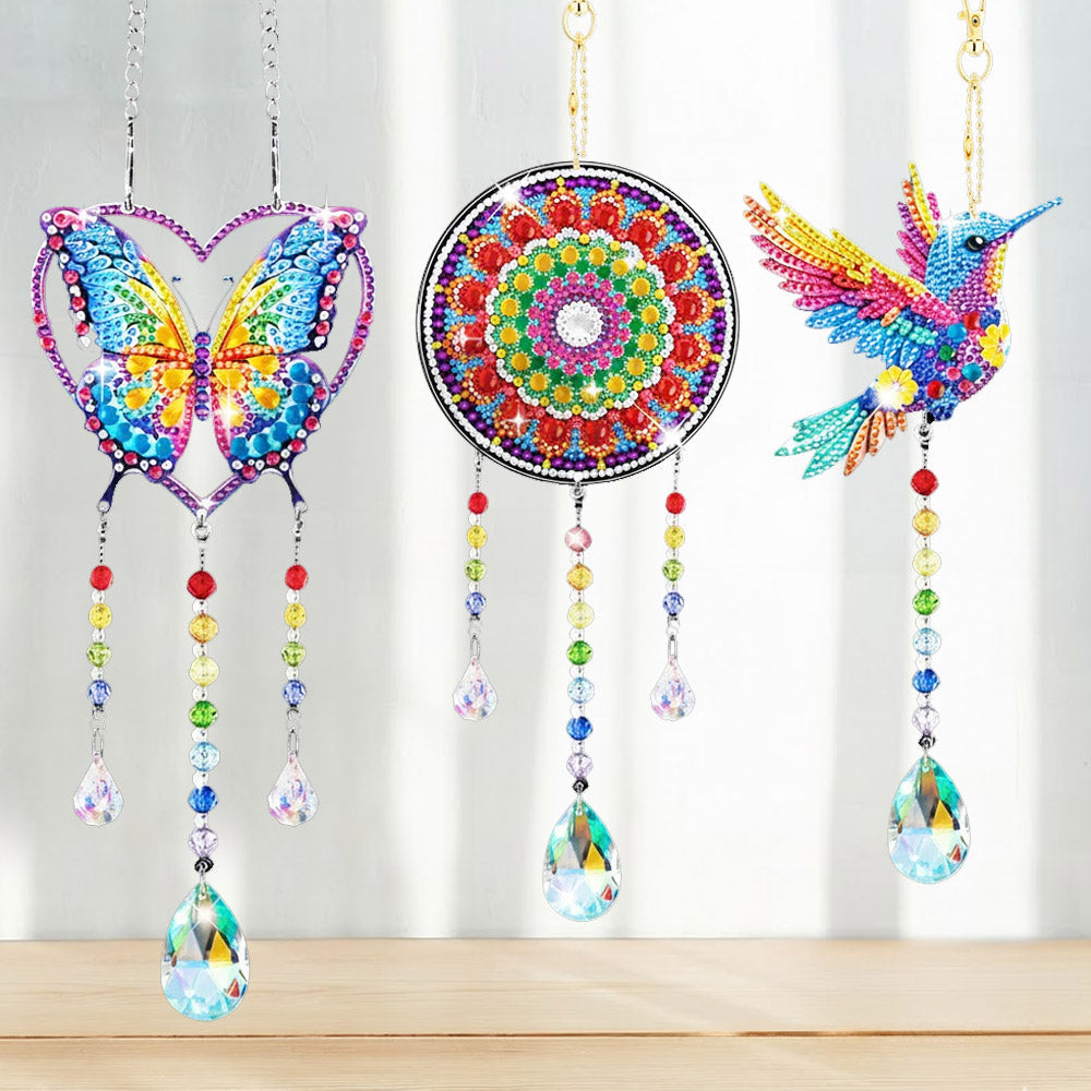 3 Stück Beidseitig Diamond Painting Sonnenfänger Kristalle Hängedekoration - Herz-Schmetterling, Mandala und Kolibri