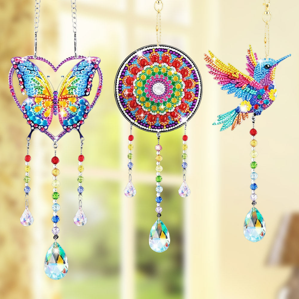 3 Stück Beidseitig Diamond Painting Sonnenfänger Kristalle Hängedekoration - Herz-Schmetterling, Mandala und Kolibri