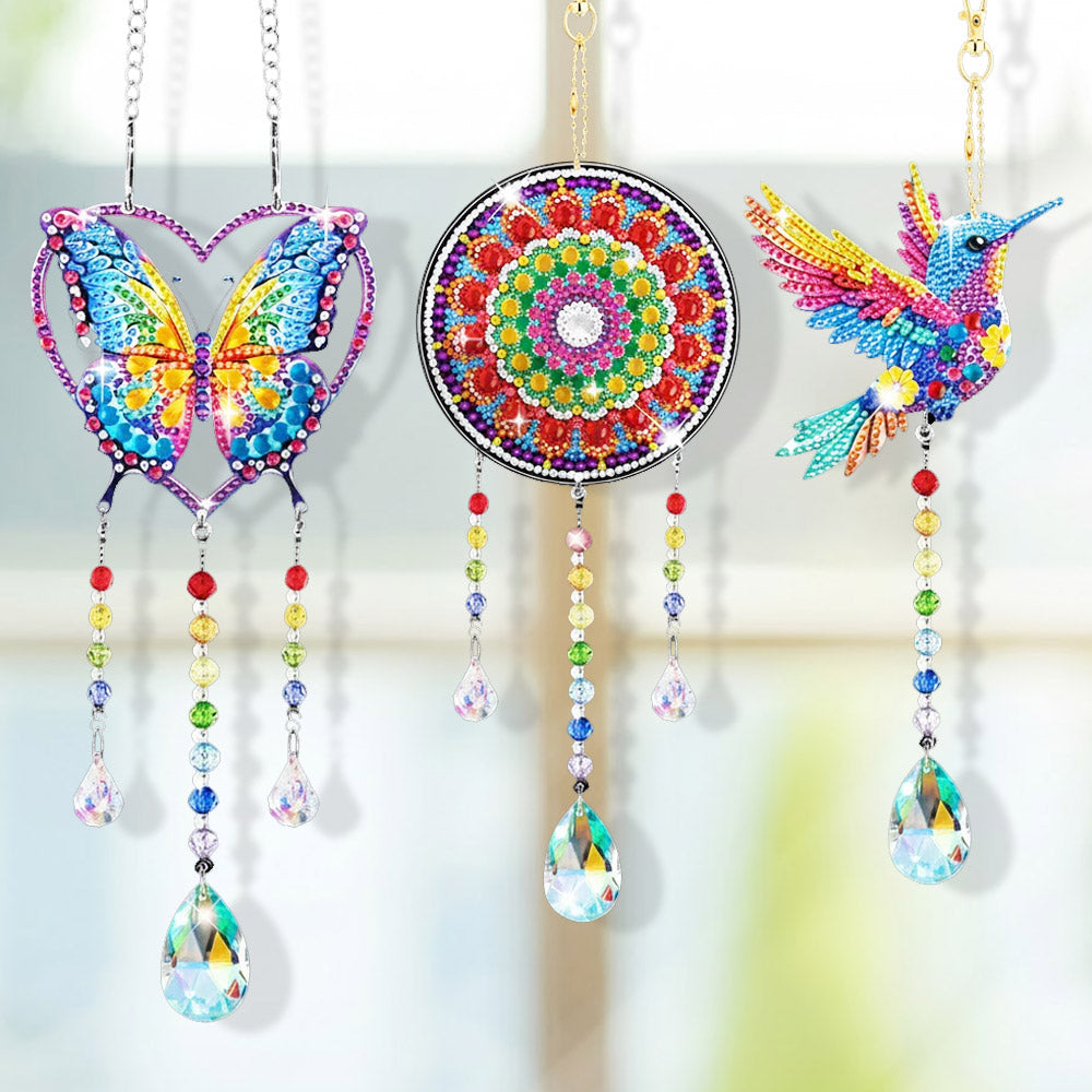 3 Stück Beidseitig Diamond Painting Sonnenfänger Kristalle Hängedekoration - Herz-Schmetterling, Mandala und Kolibri