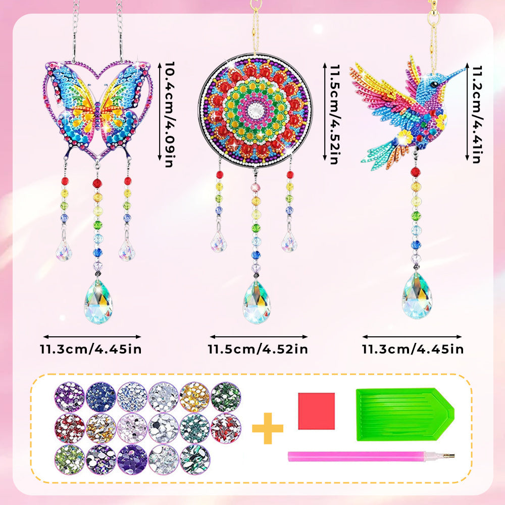 3 Stück Beidseitig Diamond Painting Sonnenfänger Kristalle Hängedekoration - Herz-Schmetterling, Mandala und Kolibri