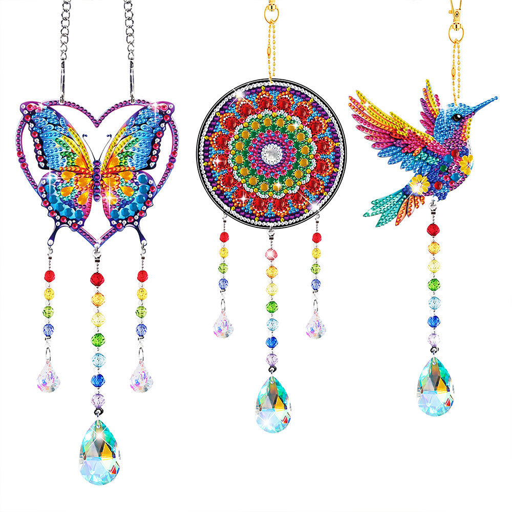 3 Stück Beidseitig Diamond Painting Sonnenfänger Kristalle Hängedekoration - Herz-Schmetterling, Mandala und Kolibri