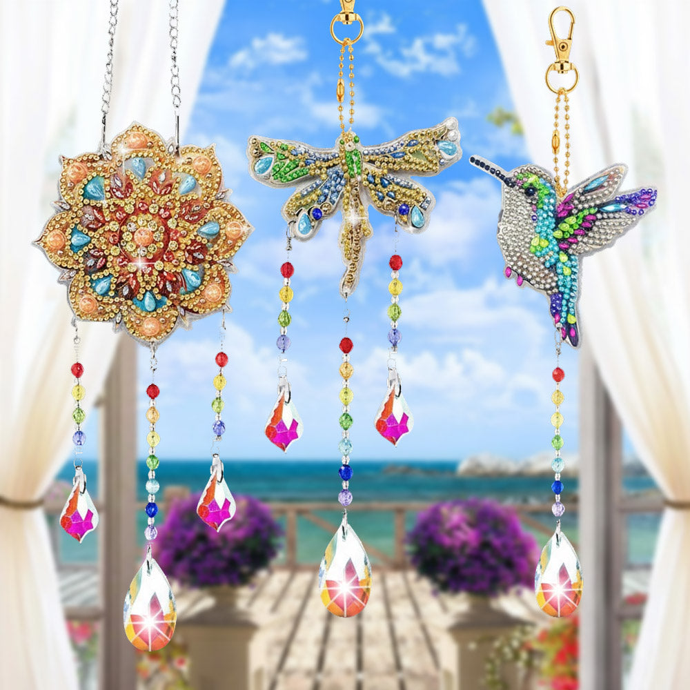 3 Stück Beidseitig Diamond Painting Sonnenfänger Kristalle Hängedekoration - Mandala, Libelle und Kolibri