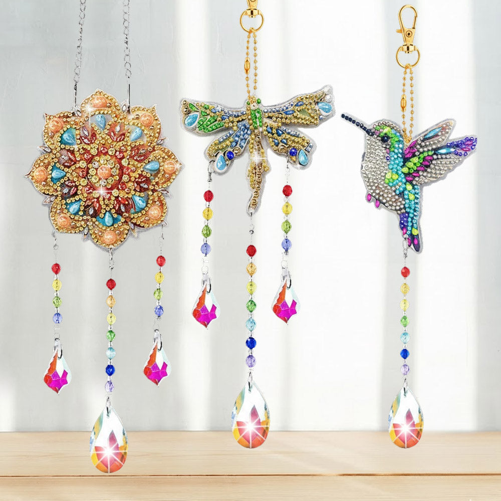 3 Stück Beidseitig Diamond Painting Sonnenfänger Kristalle Hängedekoration - Mandala, Libelle und Kolibri
