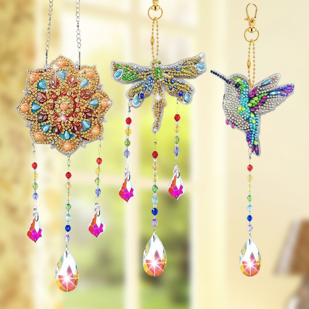 3 Stück Beidseitig Diamond Painting Sonnenfänger Kristalle Hängedekoration - Mandala, Libelle und Kolibri