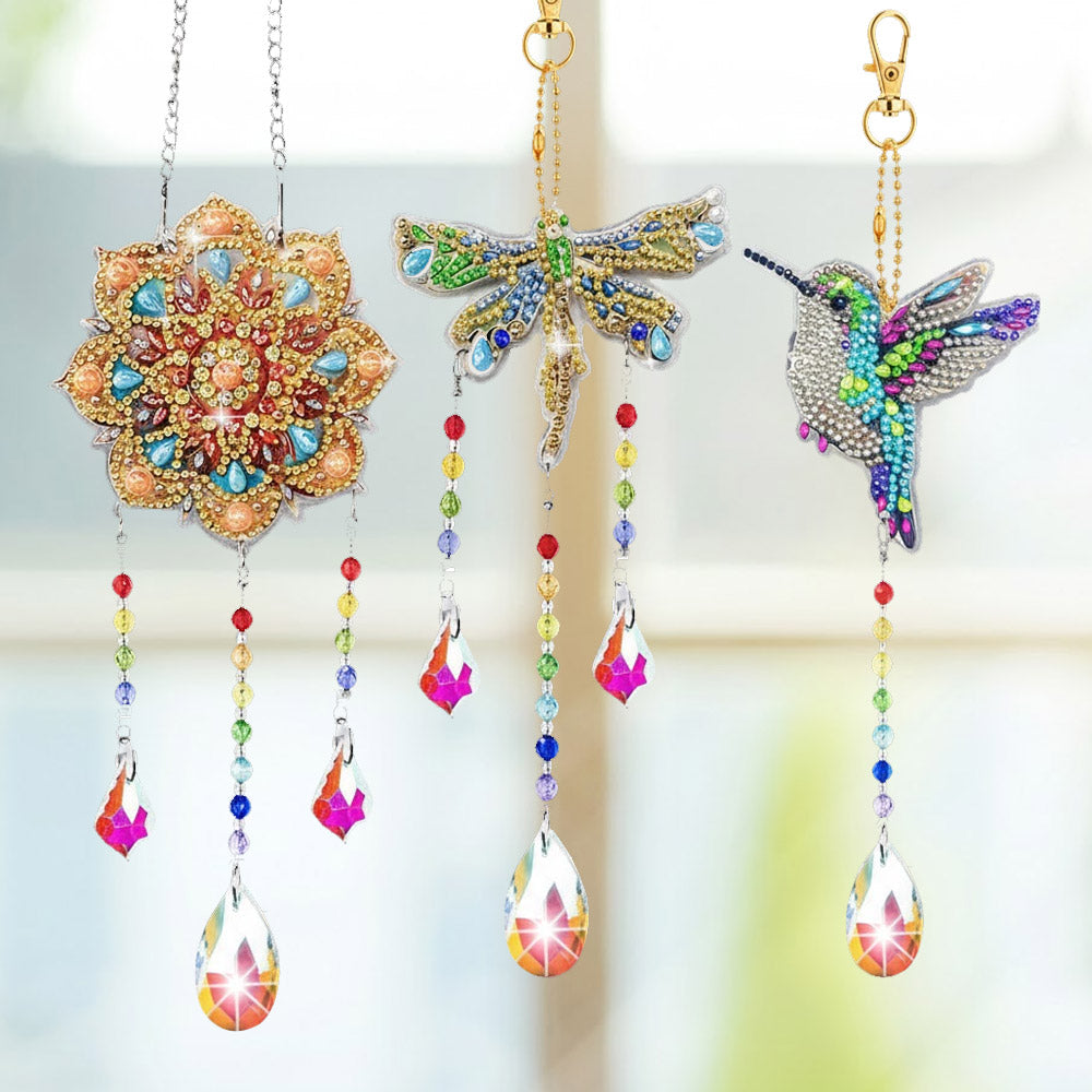 3 Stück Beidseitig Diamond Painting Sonnenfänger Kristalle Hängedekoration - Mandala, Libelle und Kolibri