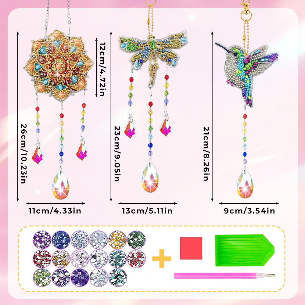 3 Stück Beidseitig Diamond Painting Sonnenfänger Kristalle Hängedekoration - Mandala, Libelle und Kolibri