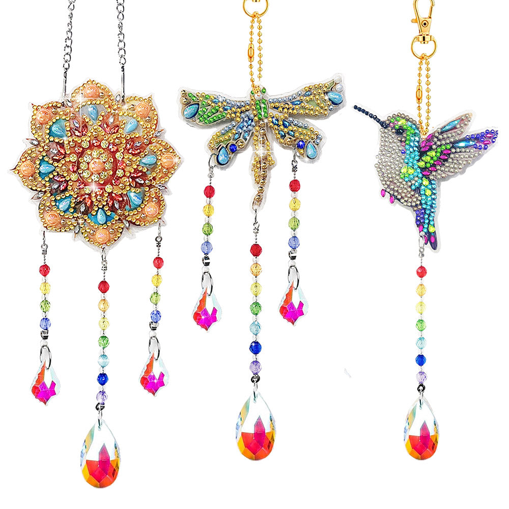3 Stück Beidseitig Diamond Painting Sonnenfänger Kristalle Hängedekoration - Mandala, Libelle und Kolibri