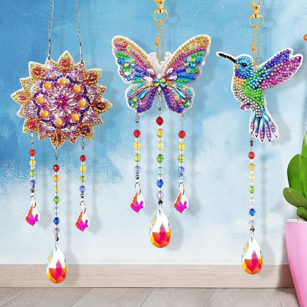 3 Stück Beidseitig Diamond Painting Sonnenfänger Kristalle Hängedekoration - Mandala, Schmetterling und Kolibri