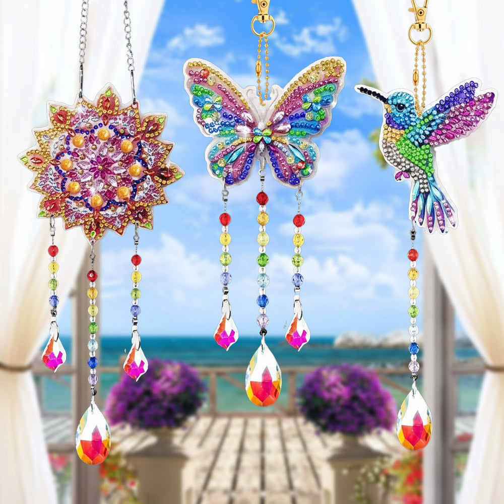 3 Stück Beidseitig Diamond Painting Sonnenfänger Kristalle Hängedekoration - Mandala, Schmetterling und Kolibri