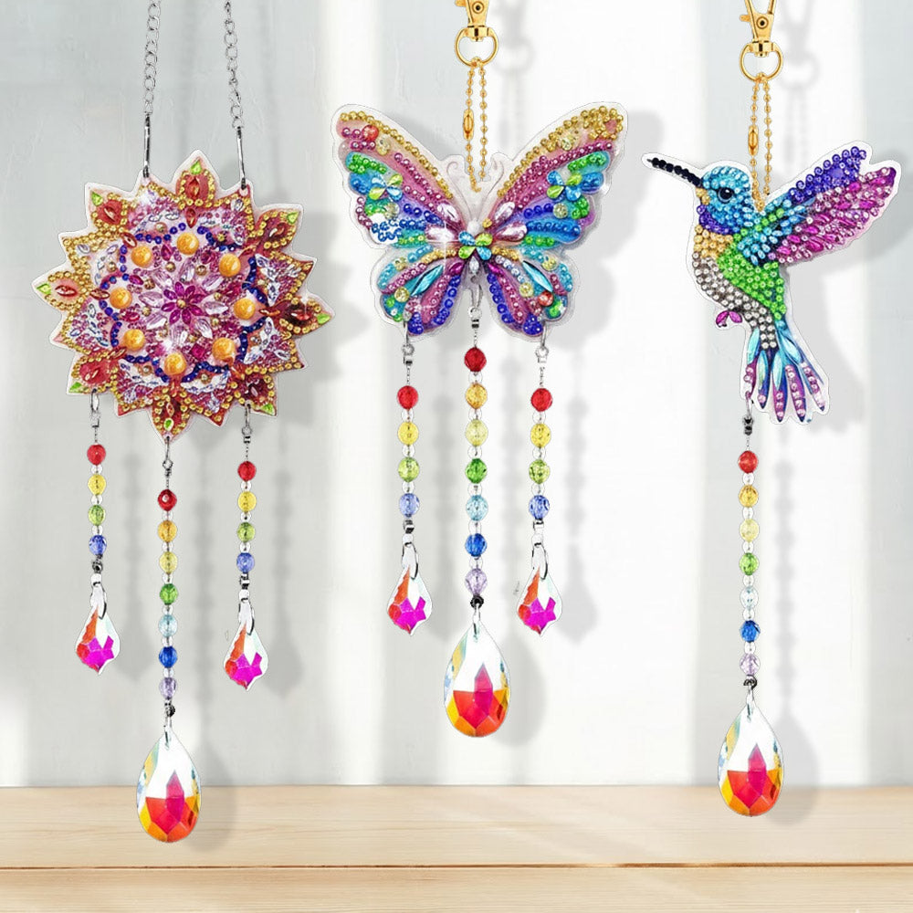 3 Stück Beidseitig Diamond Painting Sonnenfänger Kristalle Hängedekoration - Mandala, Schmetterling und Kolibri