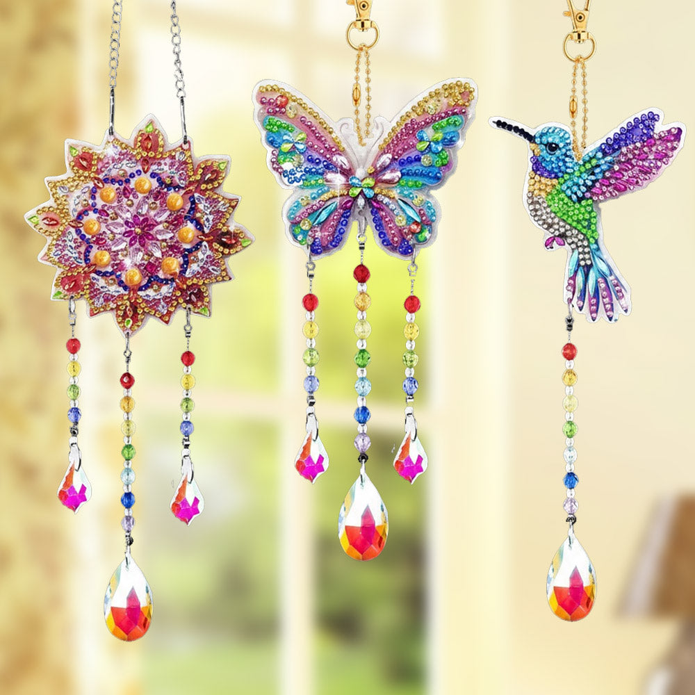 3 Stück Beidseitig Diamond Painting Sonnenfänger Kristalle Hängedekoration - Mandala, Schmetterling und Kolibri