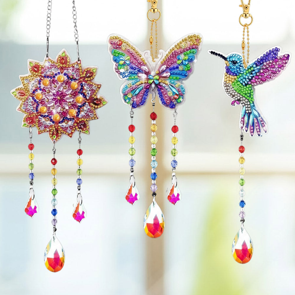 3 Stück Beidseitig Diamond Painting Sonnenfänger Kristalle Hängedekoration - Mandala, Schmetterling und Kolibri
