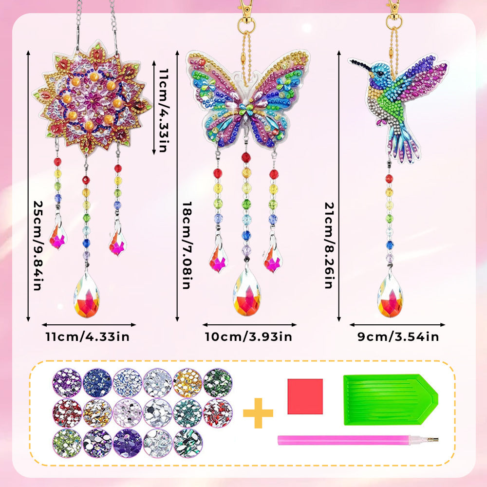 3 Stück Beidseitig Diamond Painting Sonnenfänger Kristalle Hängedekoration - Mandala, Schmetterling und Kolibri
