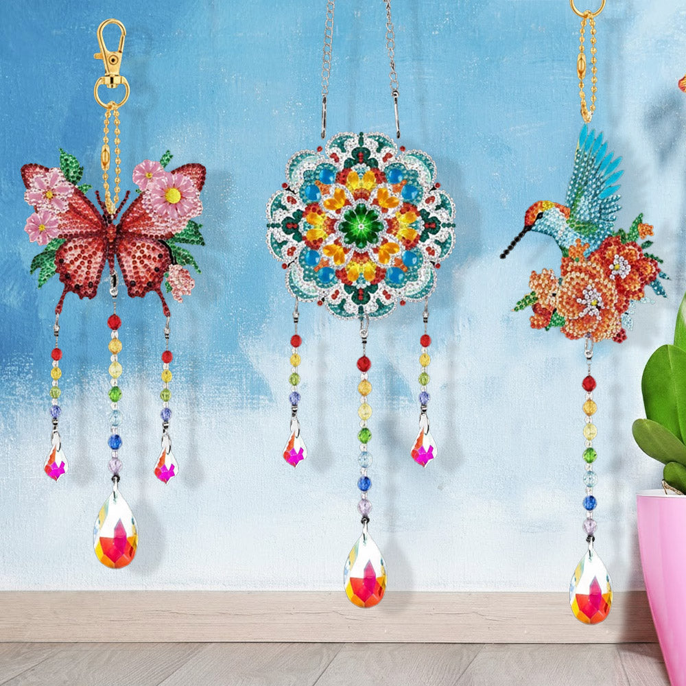 3 Stück Beidseitig Diamond Painting Sonnenfänger Kristalle Hängedekoration - Schmetterling, Mandala und Kolibri