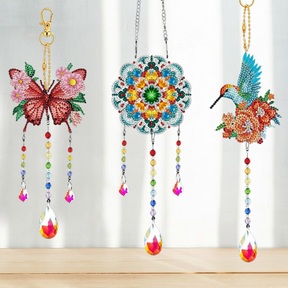 3 Stück Beidseitig Diamond Painting Sonnenfänger Kristalle Hängedekoration - Schmetterling, Mandala und Kolibri