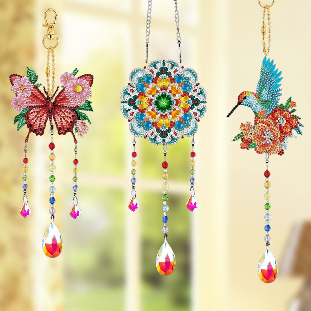 3 Stück Beidseitig Diamond Painting Sonnenfänger Kristalle Hängedekoration - Schmetterling, Mandala und Kolibri