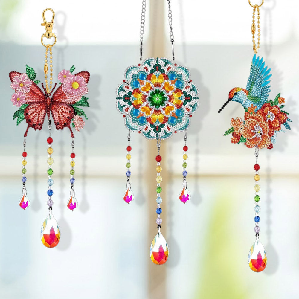 3 Stück Beidseitig Diamond Painting Sonnenfänger Kristalle Hängedekoration - Schmetterling, Mandala und Kolibri