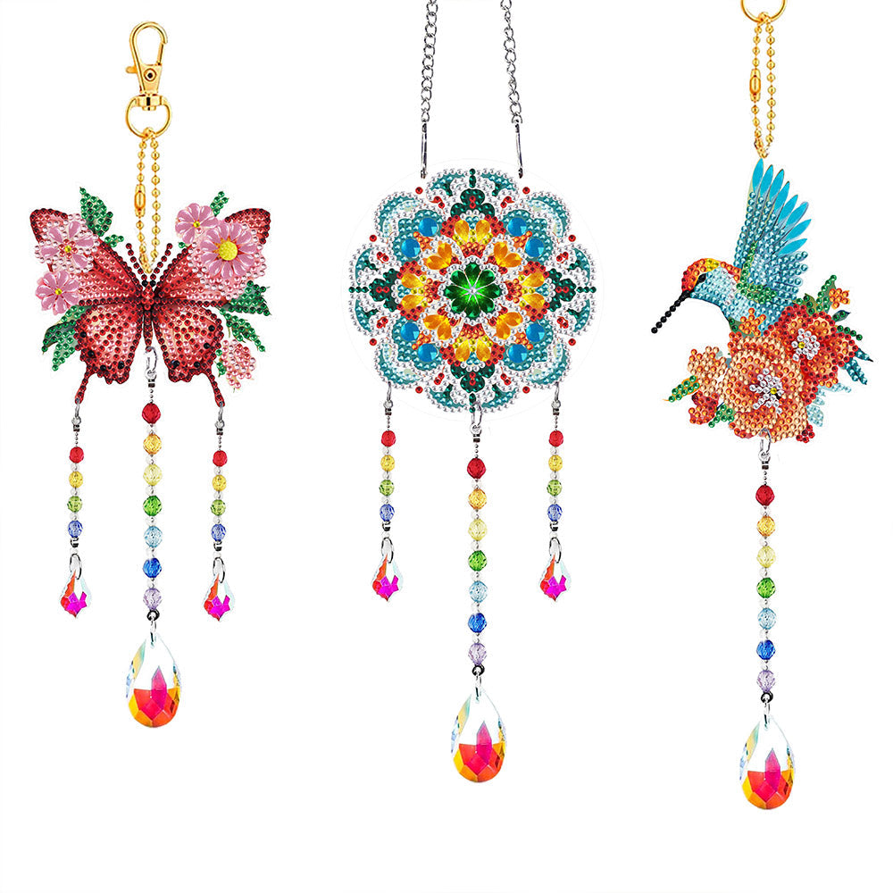 3 Stück Beidseitig Diamond Painting Sonnenfänger Kristalle Hängedekoration - Schmetterling, Mandala und Kolibri