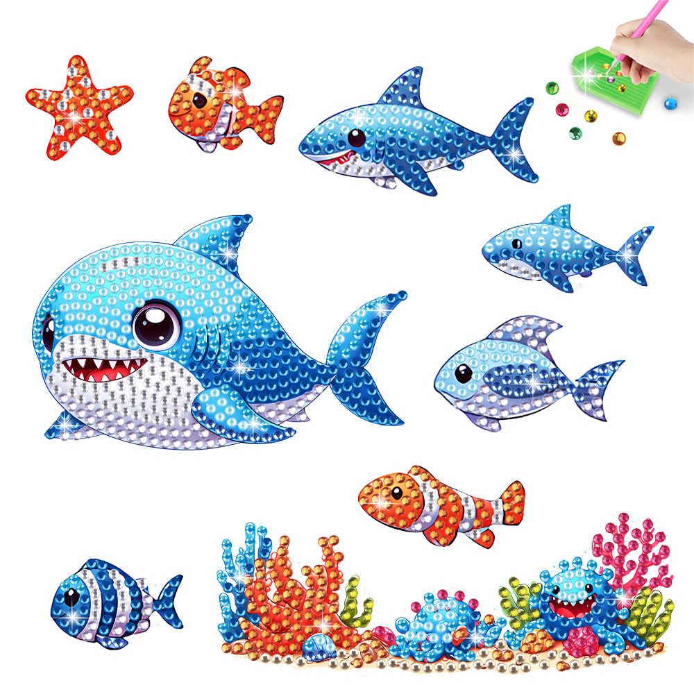 9 Stück Süße Haie und Fische Diamond Painting Abziehbilder