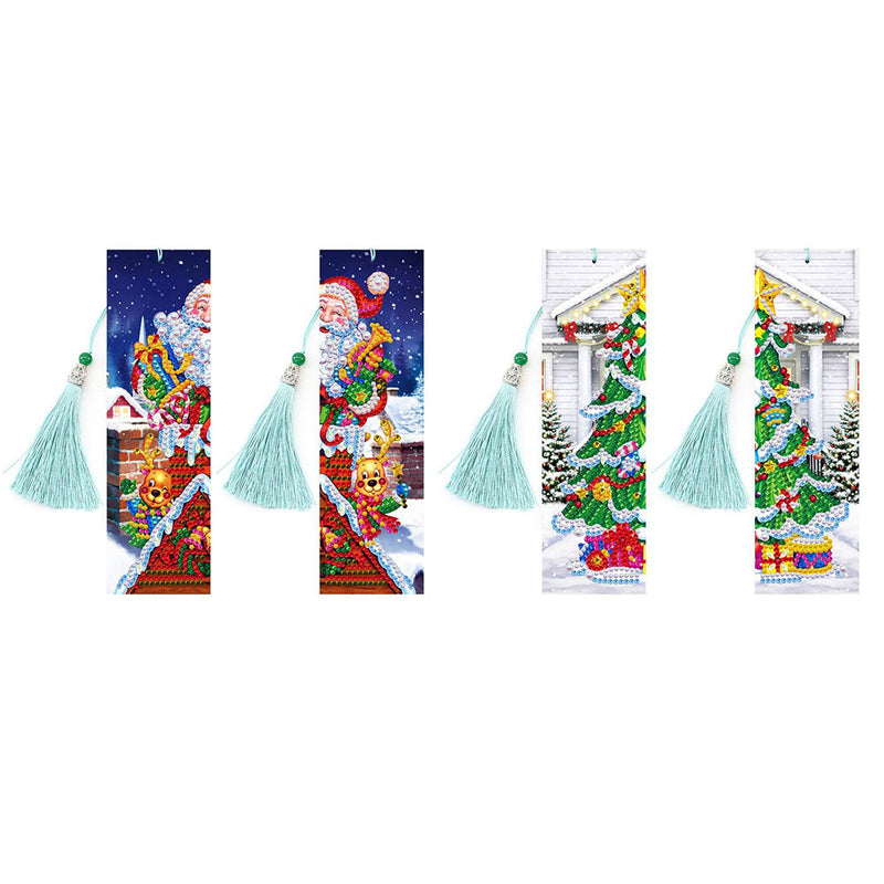 4St. Weihnachtsmann und Weihnachtsbaum Leder Lesezeichen Set Diamond Painting