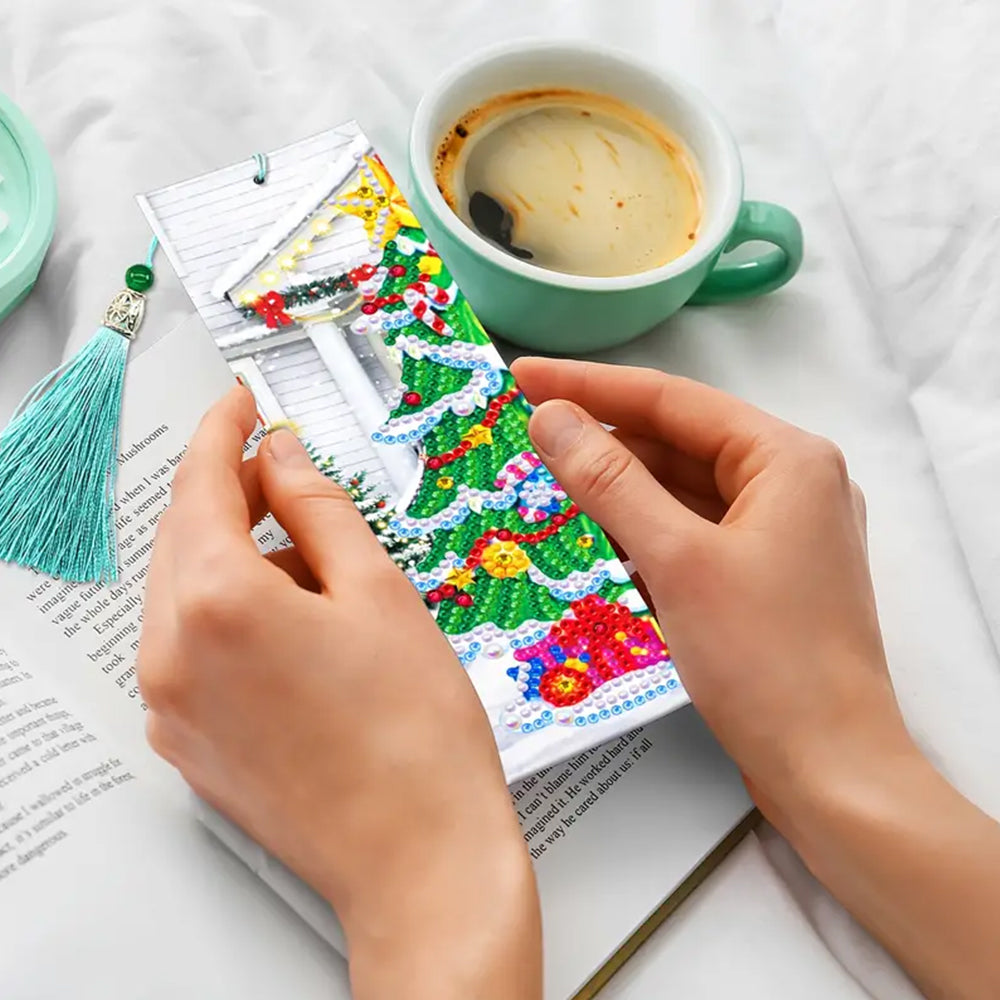 4St. Weihnachtsmann und Weihnachtsbaum Leder Lesezeichen Set Diamond Painting