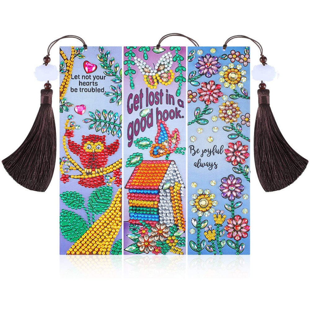 3St. Eule, Nest und Blumen Leder Lesezeichen Set Diamond Painting