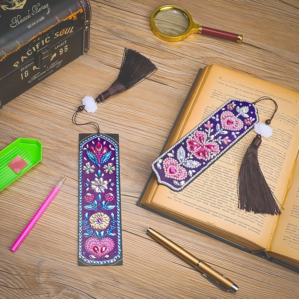 2St. Blumen und Rosa Herz Leder Lesezeichen Set Diamond Painting