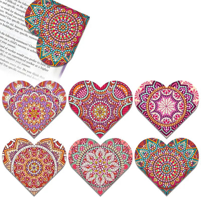 6St. Rotes Herz Geformt Mandala PU Ecke Abdeckung Lesezeichen Set Diamond Painting