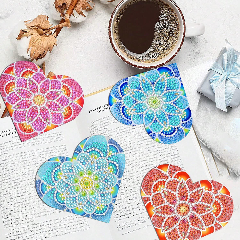 4St. Herzförmige Lotus PU Ecke Abdeckung Lesezeichen Set Diamond Painting