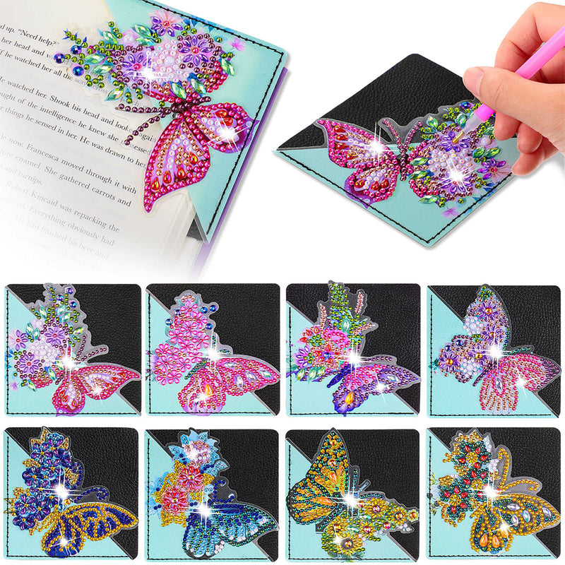 8St. Bunter Schmetterling Blume PU Ecke Abdeckung Lesezeichen Set Diamond Painting