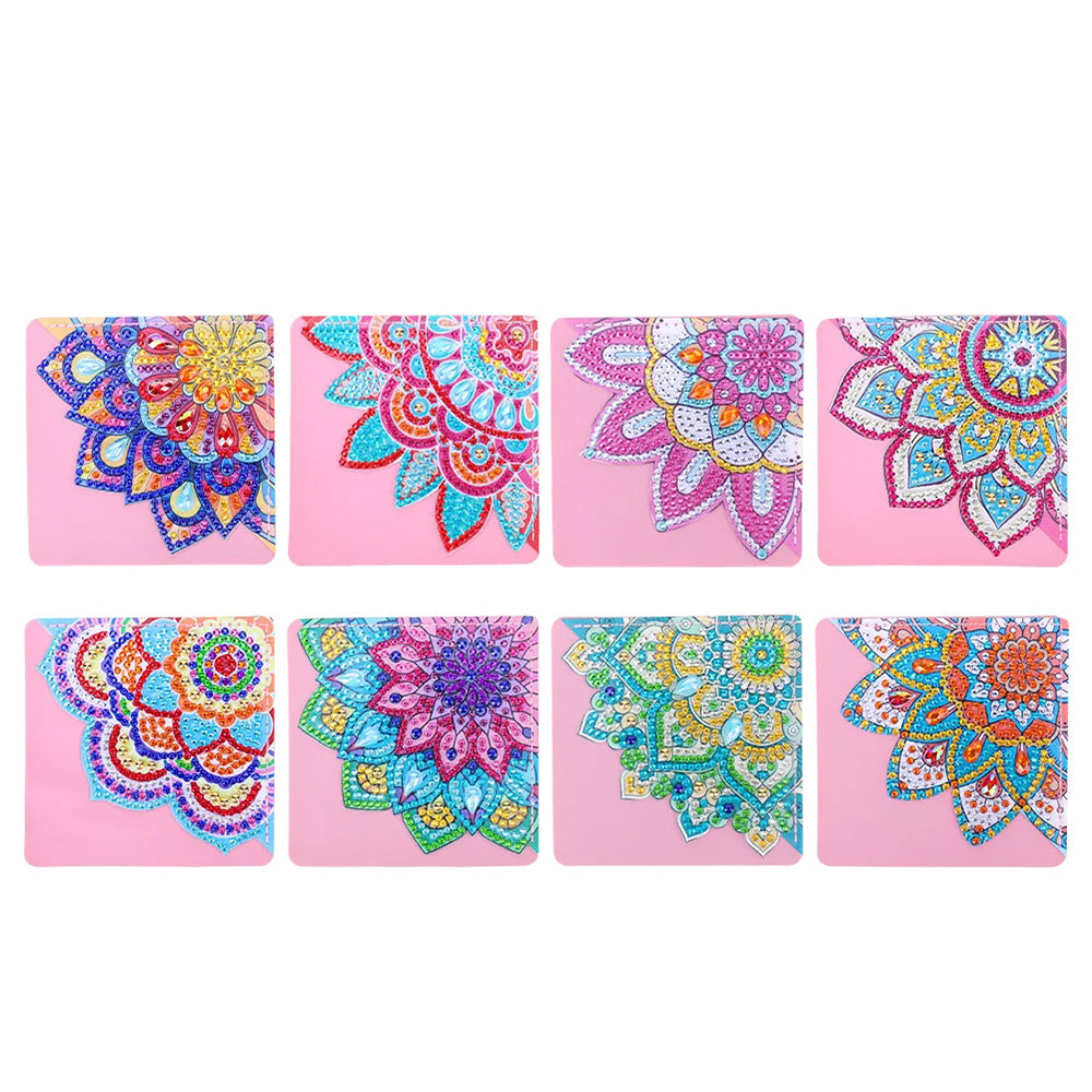 8St. Brillante Mandala Blume PU Ecke Abdeckung Lesezeichen Set Diamond Painting