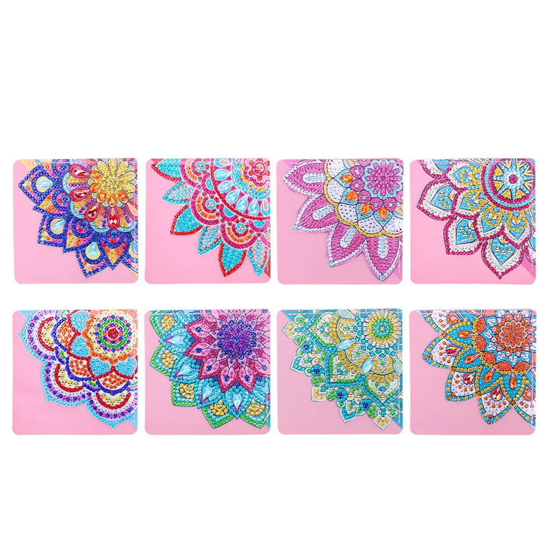 8St. Brillante Mandala Blume PU Ecke Abdeckung Lesezeichen Set Diamond Painting