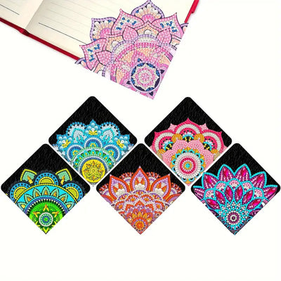 6St. Lotus Mandala PU Ecke Abdeckung Lesezeichen Set Diamond Painting