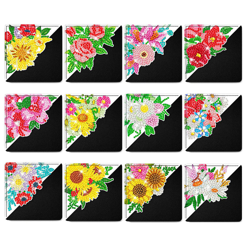 12St. Verschiedene Blumen PU Ecke Abdeckung Lesezeichen Set Diamond Painting