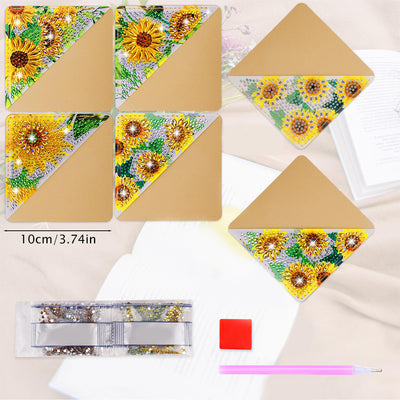 4St. Brillante Sonnenblumen PU Ecke Abdeckung Lesezeichen Set Diamond Painting