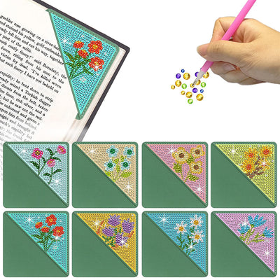 8St. Niedliche Kleine Blumen PU Ecke Abdeckung Lesezeichen Set Diamond Painting