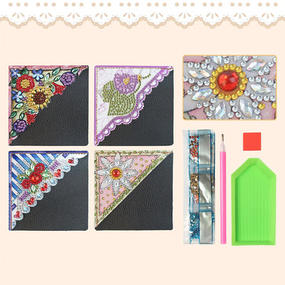 4St. Niedliche Blumen PU Ecke Abdeckung Lesezeichen Set Diamond Painting