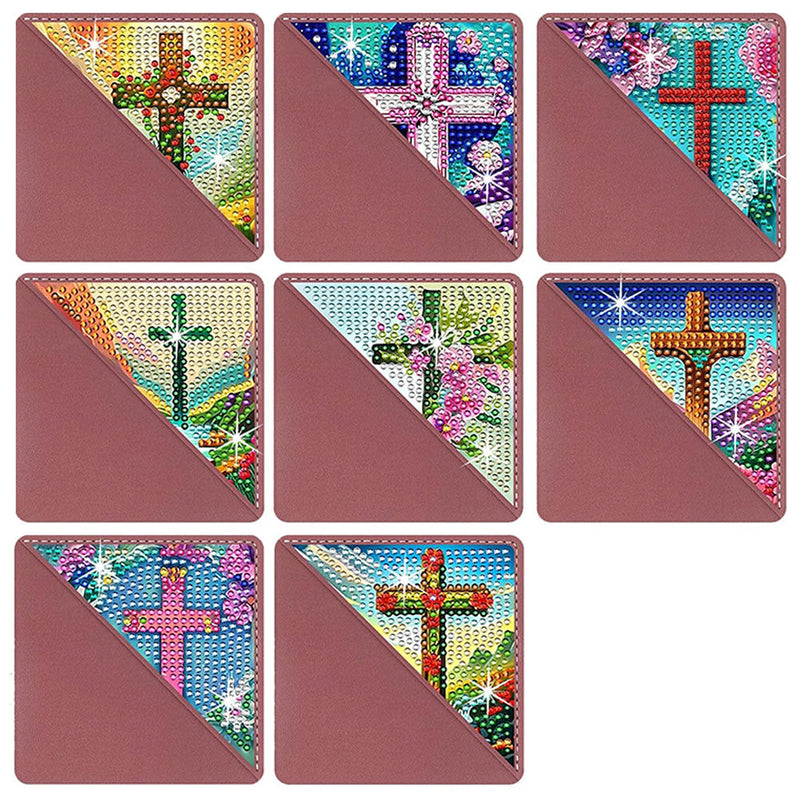 8St. Kreuz und Blume PU Ecke Abdeckung Lesezeichen Set Diamond Painting