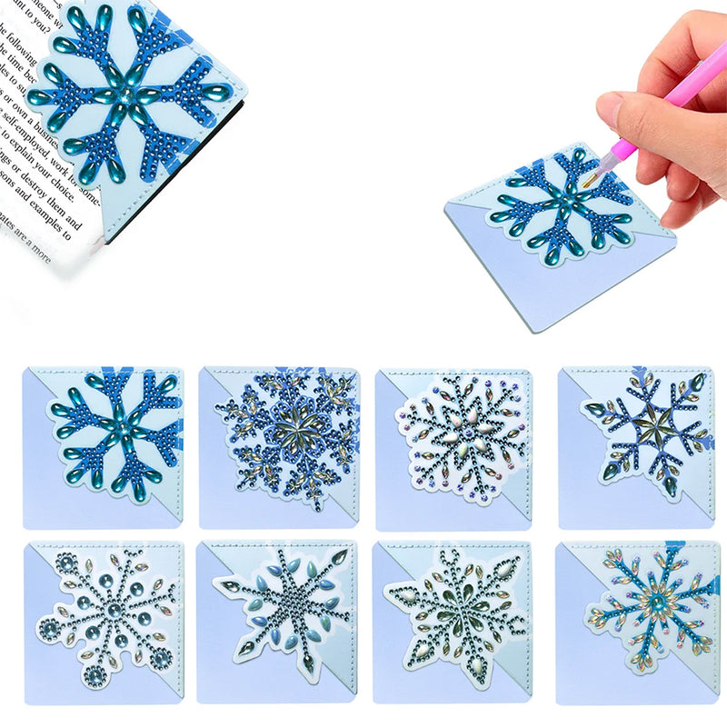 8St. Blau Schneeflocke PU Ecke Abdeckung Lesezeichen Set Diamond Painting