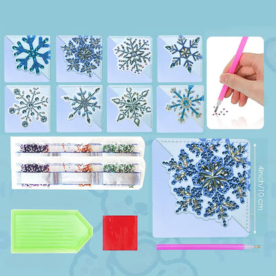 8St. Blau Schneeflocke PU Ecke Abdeckung Lesezeichen Set Diamond Painting