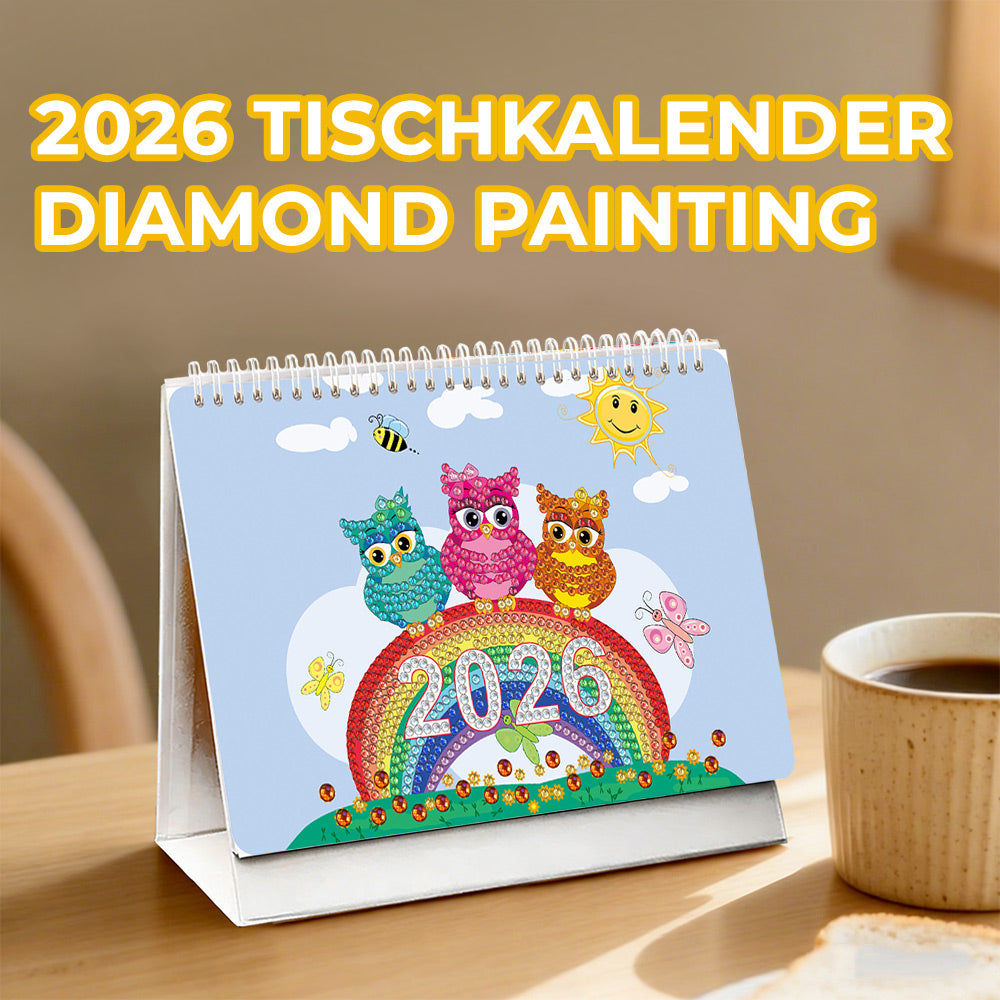 2026 Tischkalender Diamond Painting | Fröhliche und Bunte Eulen