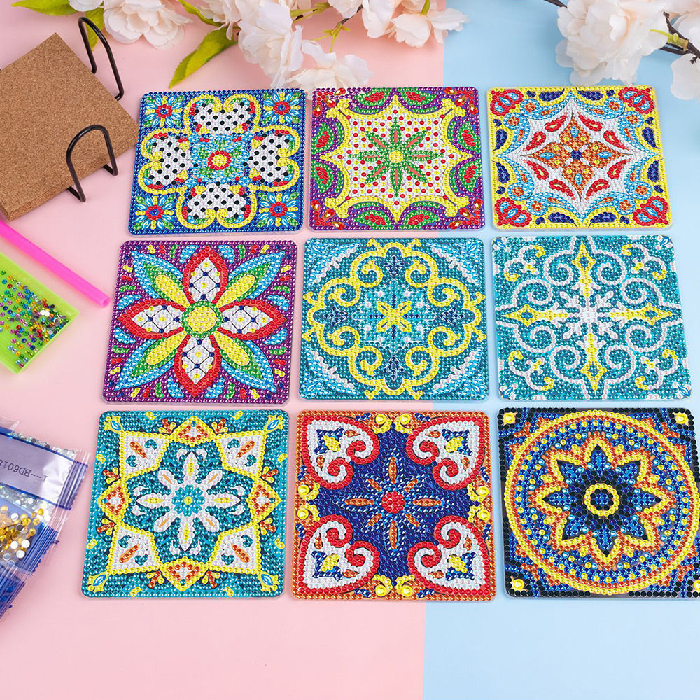 9Stück Mandala Quadratisch Diamond Painting Untersetzer