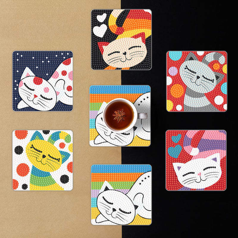 Cartoon Katze Quadratisch Diamond Painting Untersetzer 6Pcs