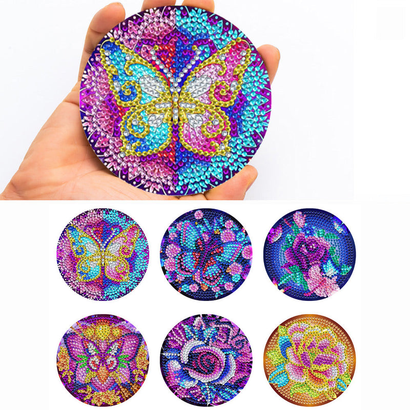 Schmetterling und Blume Diamond Painting Untersetzer 6Pcs